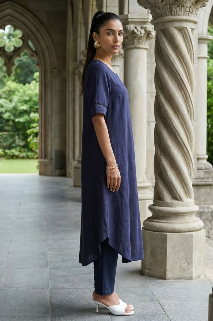Navy Blue Solid Lace Rayon Flax A-line Kurta — photo 6