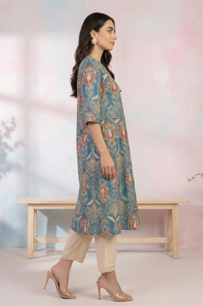 Teal Floral Printed Pure Cotton A-line Kurta — photo 5