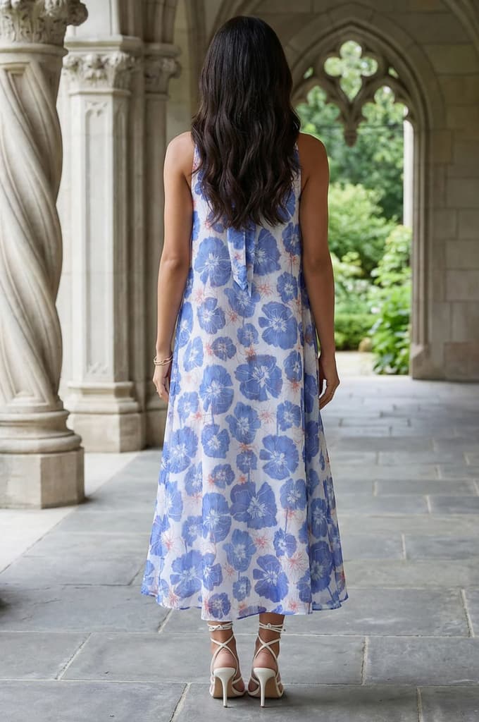 Blue Floral Printed Sleeveless Chiffon A-line Dress — photo 5