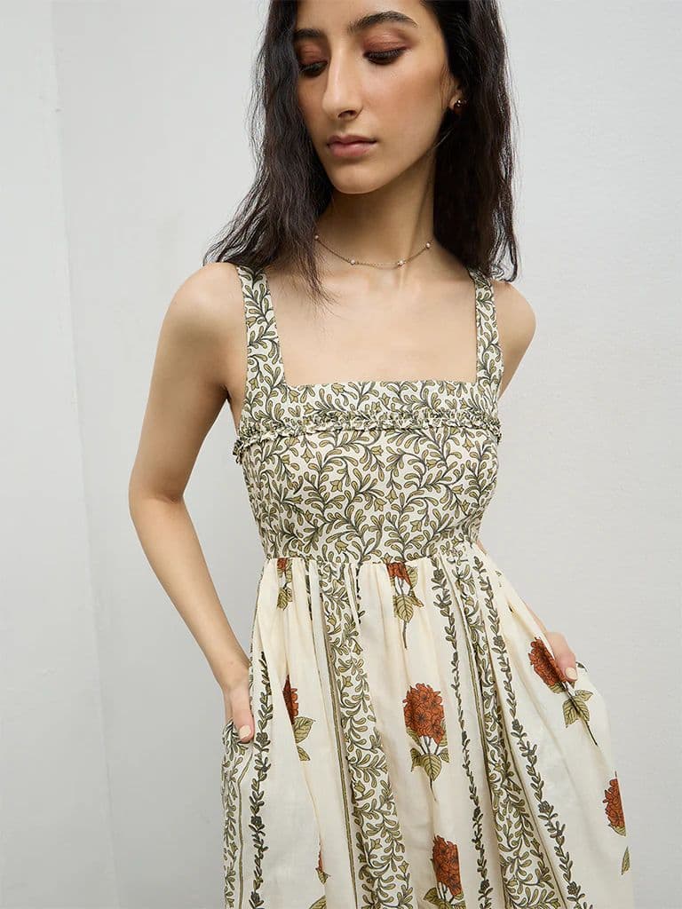Bombay Paisley Off-White Printed Cotton A-Line Dress — photo 3