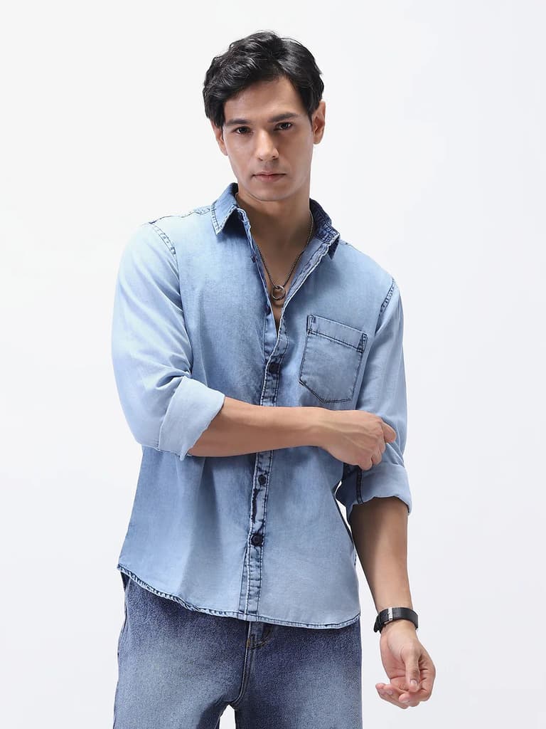 Men's Ice Blue Regular Fit Full Sleeve Washed Denim Shirt — S / Ice Blue
