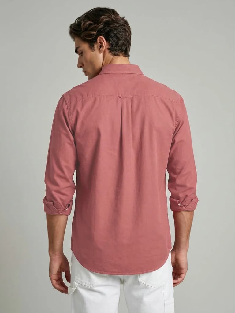 Men's Peach Cotton Full Sleeve Regular Fit Solid Oxford Shirt With Button-Down Collar — photo 3