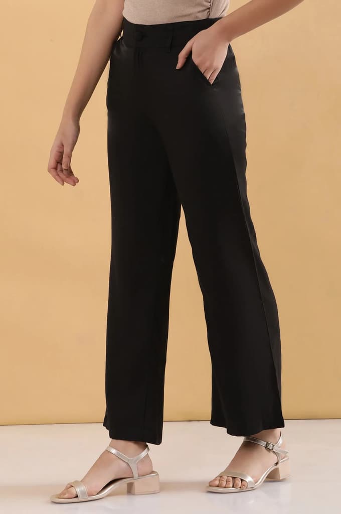 Black Solid Straight Fit Rayon Pants With Button And Zip Closure — photo 3