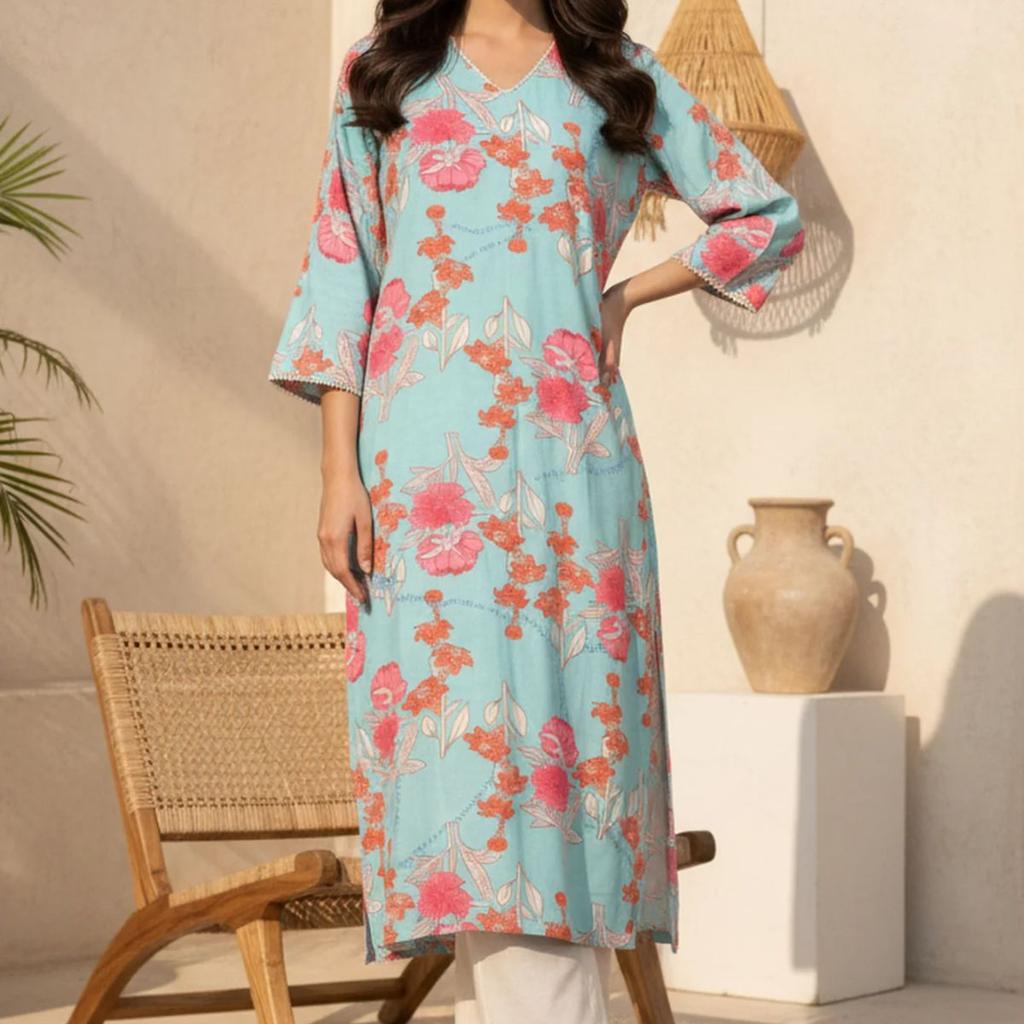 Turquoise Blue Floral Printed Lace Rayon Straight Kurta