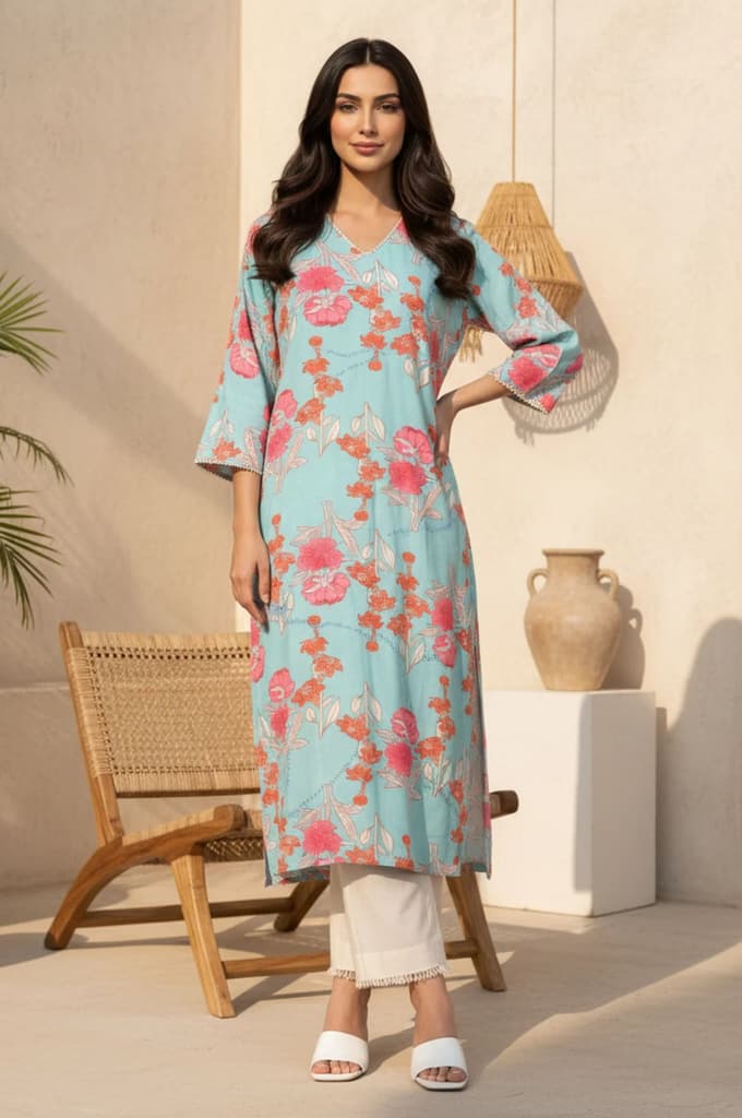 Turquoise Blue Floral Printed Lace Rayon Straight Kurta — XS