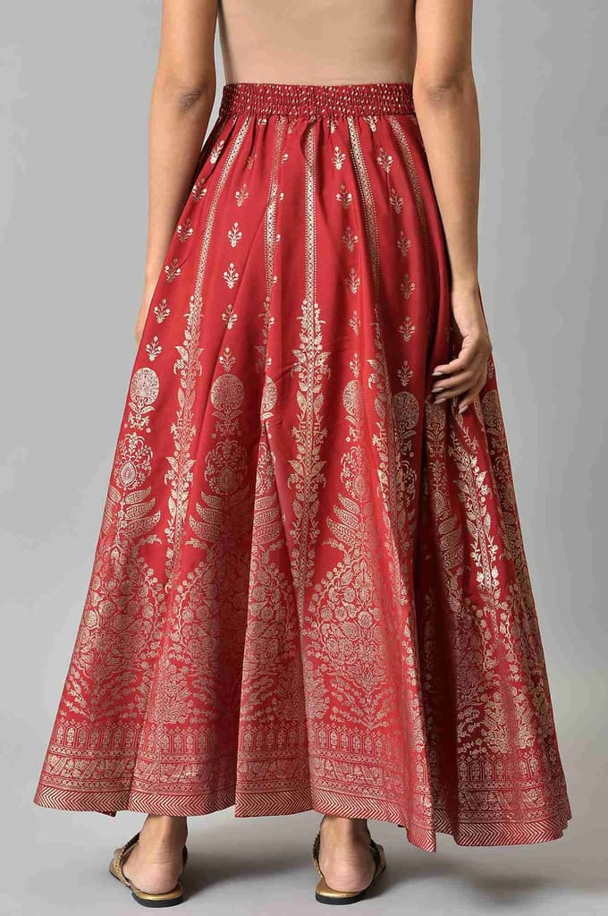Maroon Floral Printed Flared Woven Skirt With Elasticated Waist — photo 2