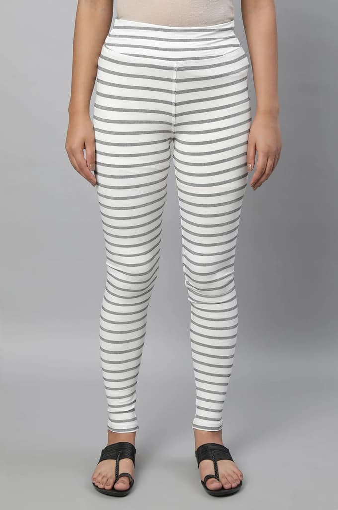 White Striped Skinny Fit Cotton Tights With High Waistband