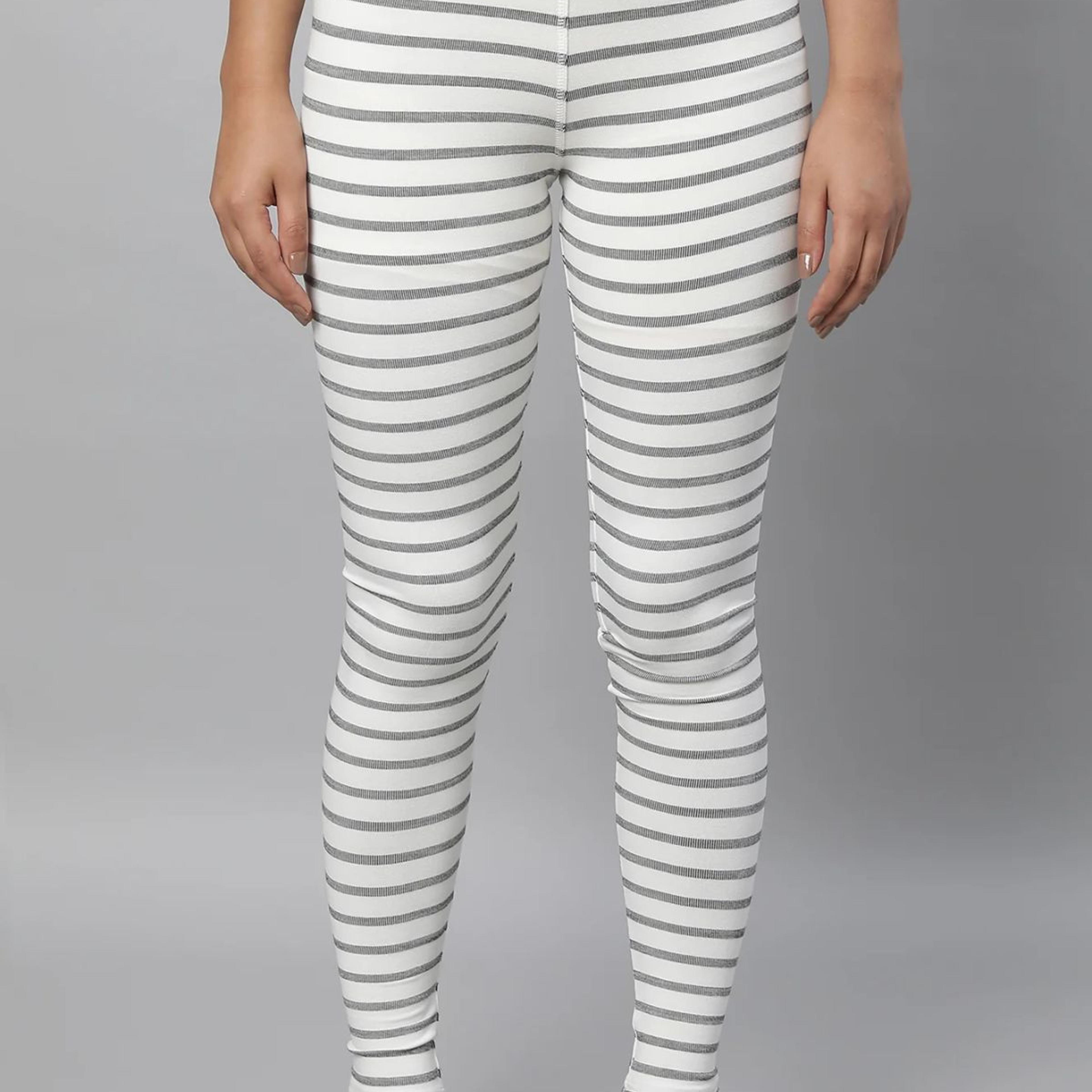 White Striped Skinny Fit Cotton Tights With High Waistband
