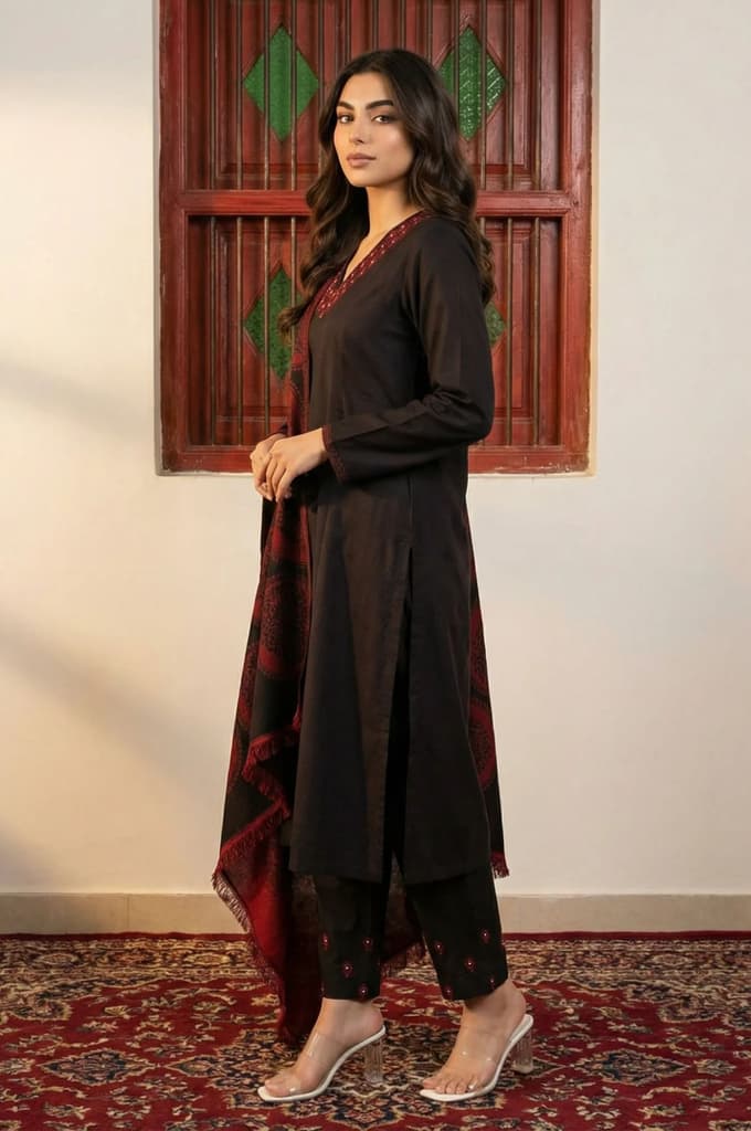 Black Solid Embroidered Straight Winter Kurta with Pants and Dupatta Set — photo 3