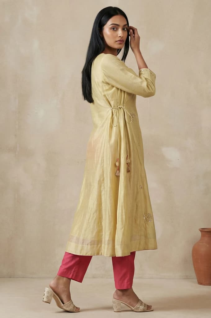 Gold Embroidered Mirror Work Cotton Blend A-line Kurta — photo 4