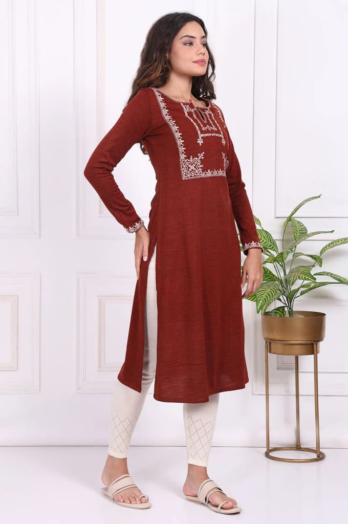 Rust Embroidered Straight Acrylic Kurta — photo 5