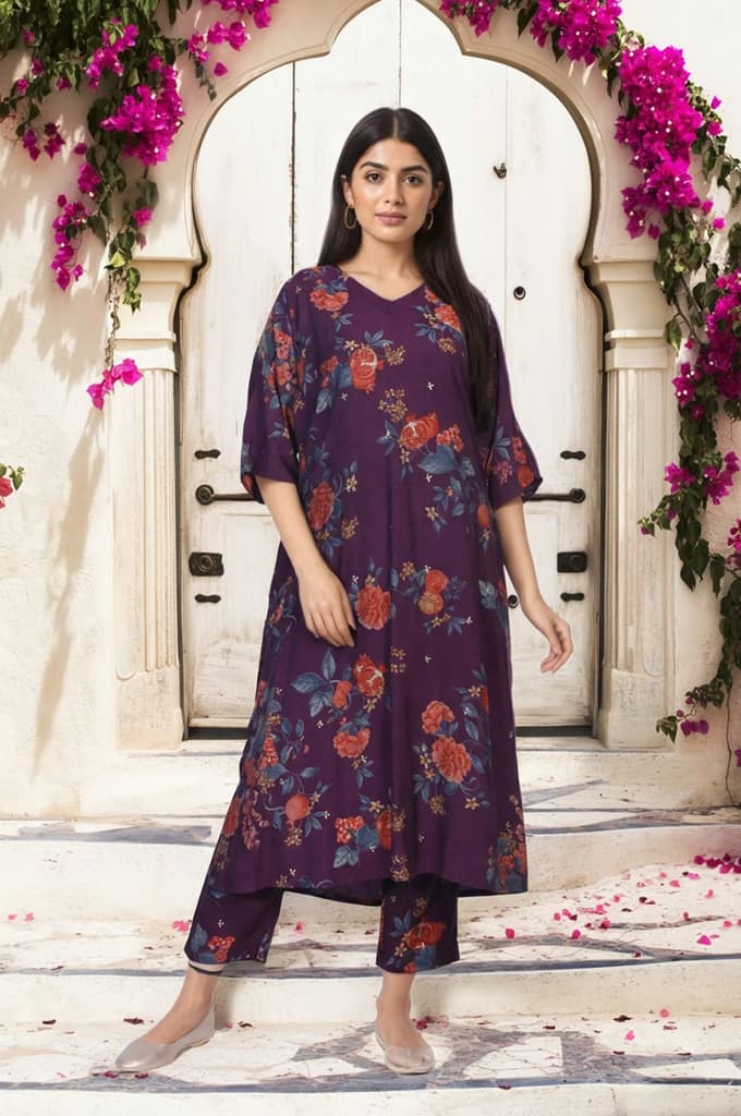 Purple Floral Printed A-line Rayon Kurta with Pant Set — S