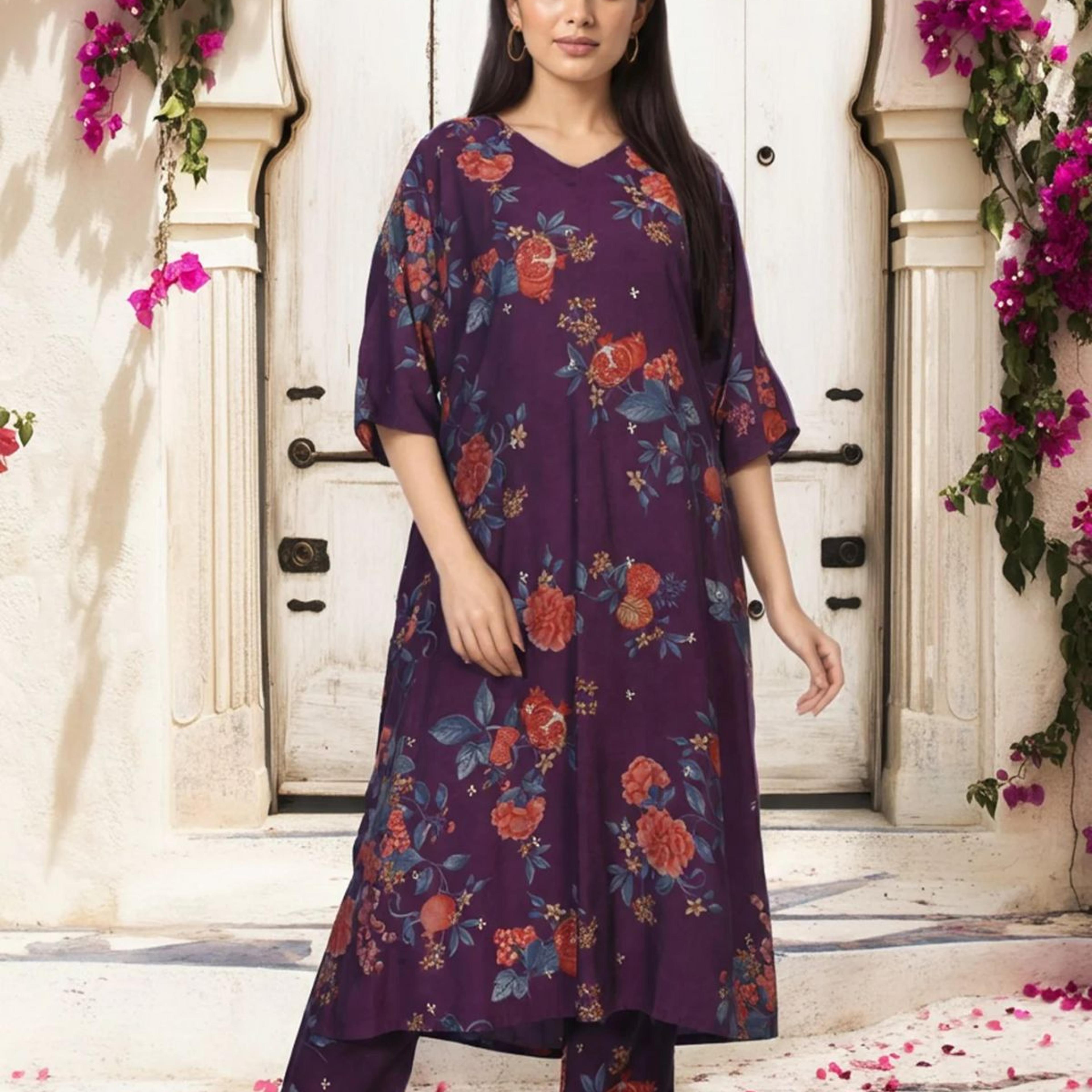 Purple Floral Printed A-line Rayon Kurta with Pant Set