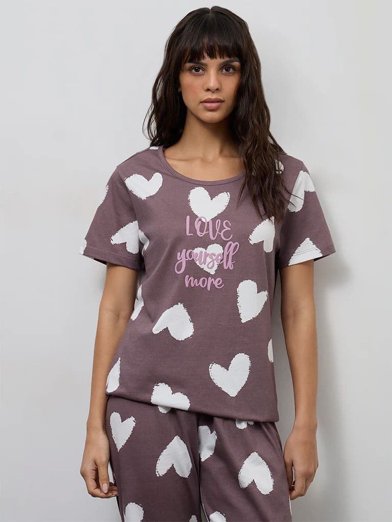 Wunderlove Brown Heart Printed Cotton T-Shirt with Pant Set — photo 2