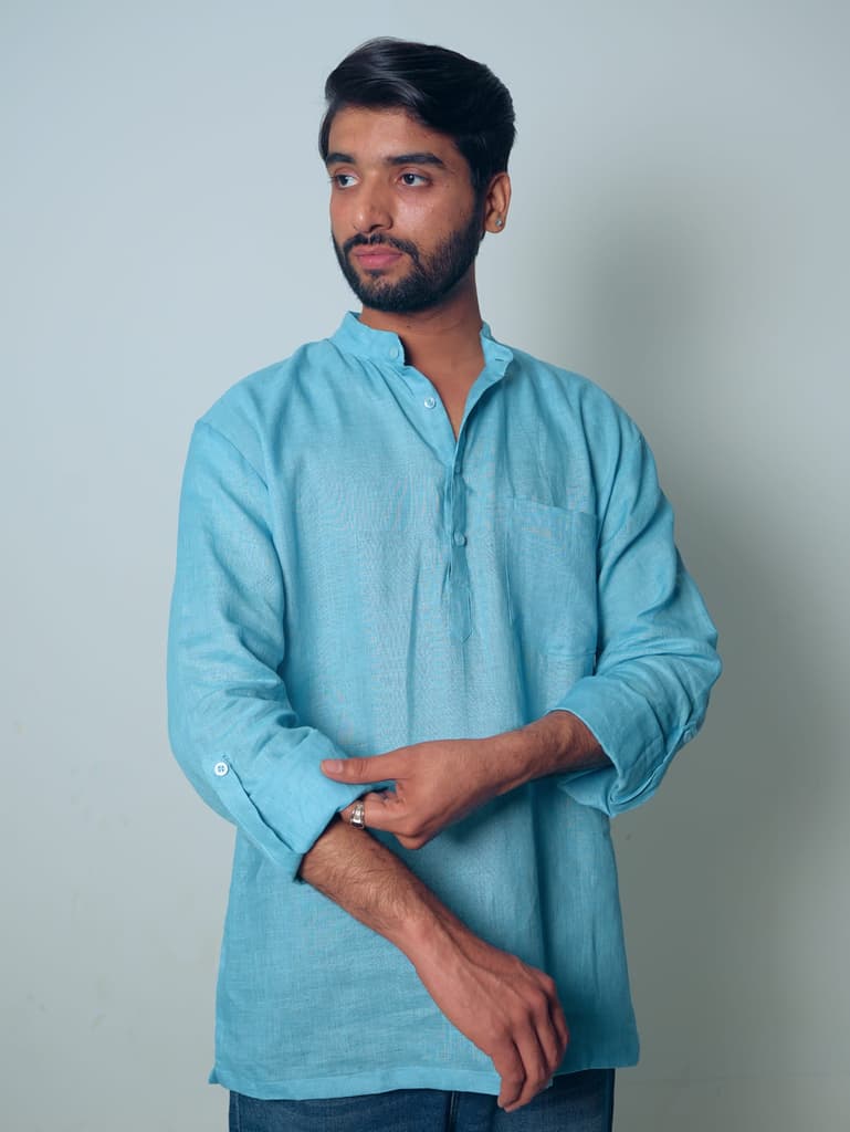 आसमानी (Aasmani) - Men Light Blue Premium Linen Short Kurta — photo 2