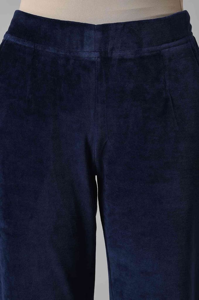 Navy Blue Solid Straight Fit Cotton Trousers With Elasticated Waist — photo 6