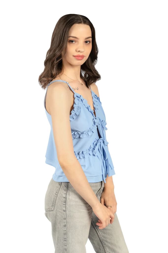 Blue Solid Sleeveless Fit & Flare Crop Top — photo 4