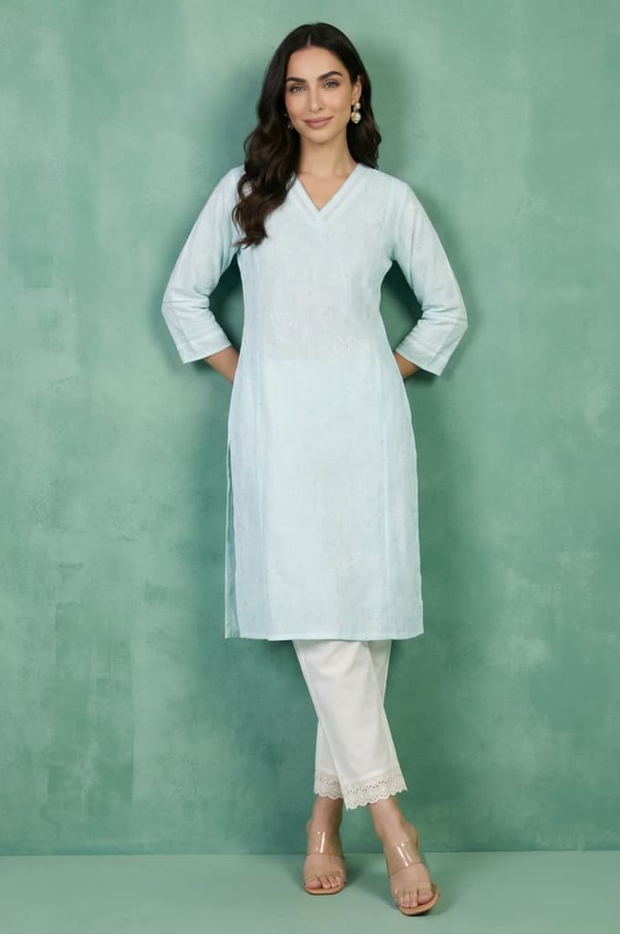 Light Blue Chikankari Embroidered Kota Straight Kurta — photo 3