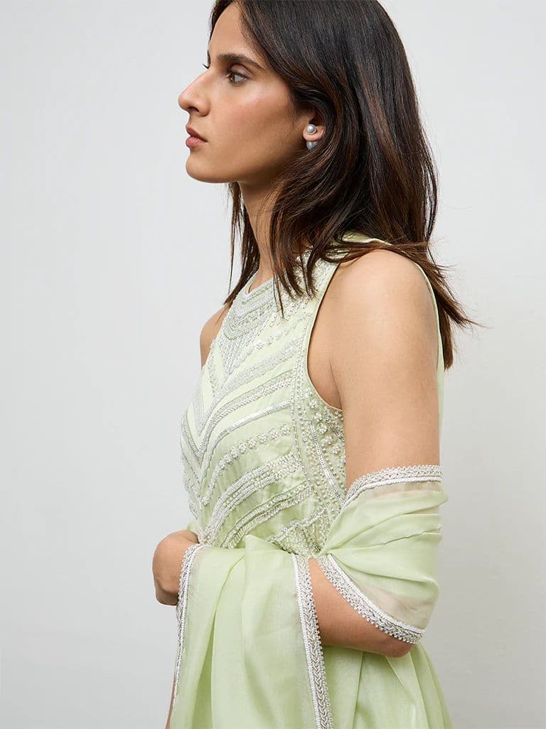 Vark Light Lime Embellished A-Line Ethnic Set — photo 3