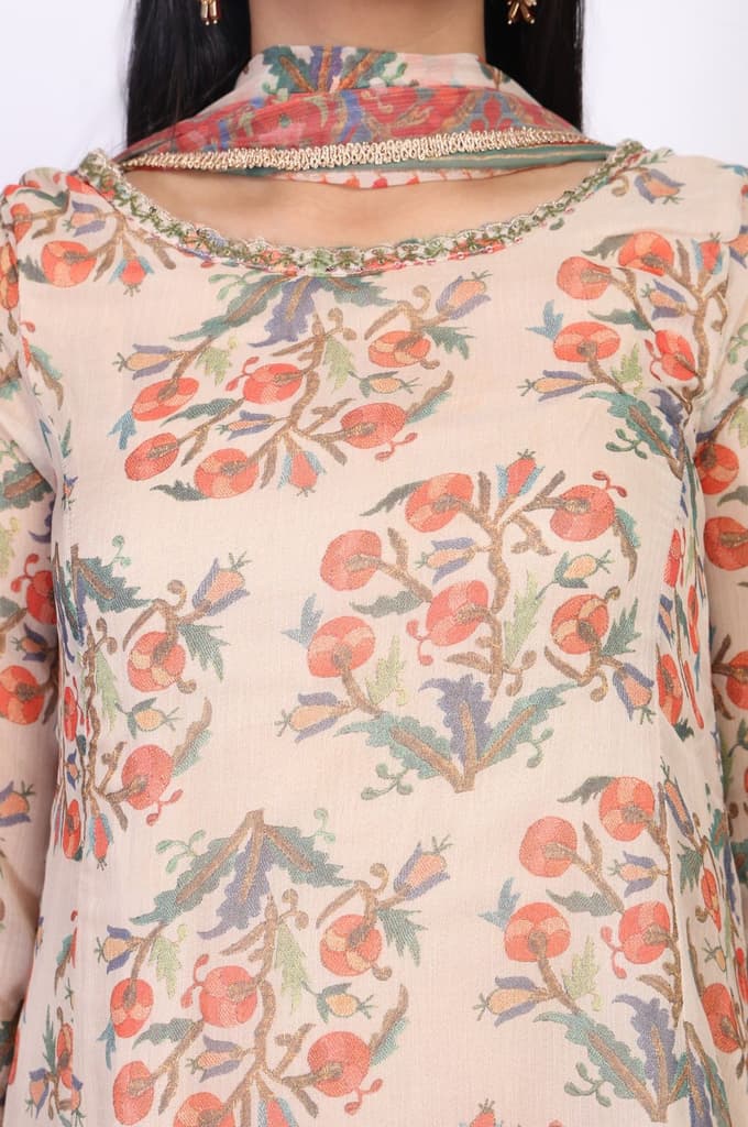 Beige Floral Embellished Peplum Chiffon Kurta with Sharara and Dupatta Set — photo 3