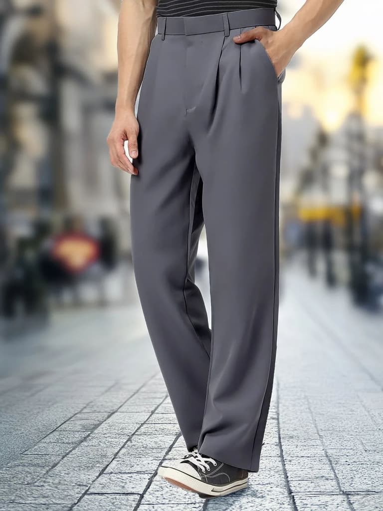 Men's Medium Grey Loose Baggy Fit Solid Korean Trousers Stretchable — 28 / Grey