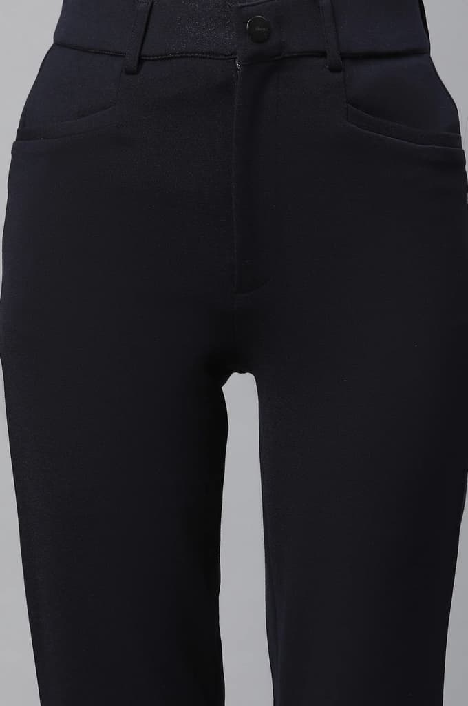 Navy Blue Solid Slim Fit Trousers With Elasticated Waist — photo 6
