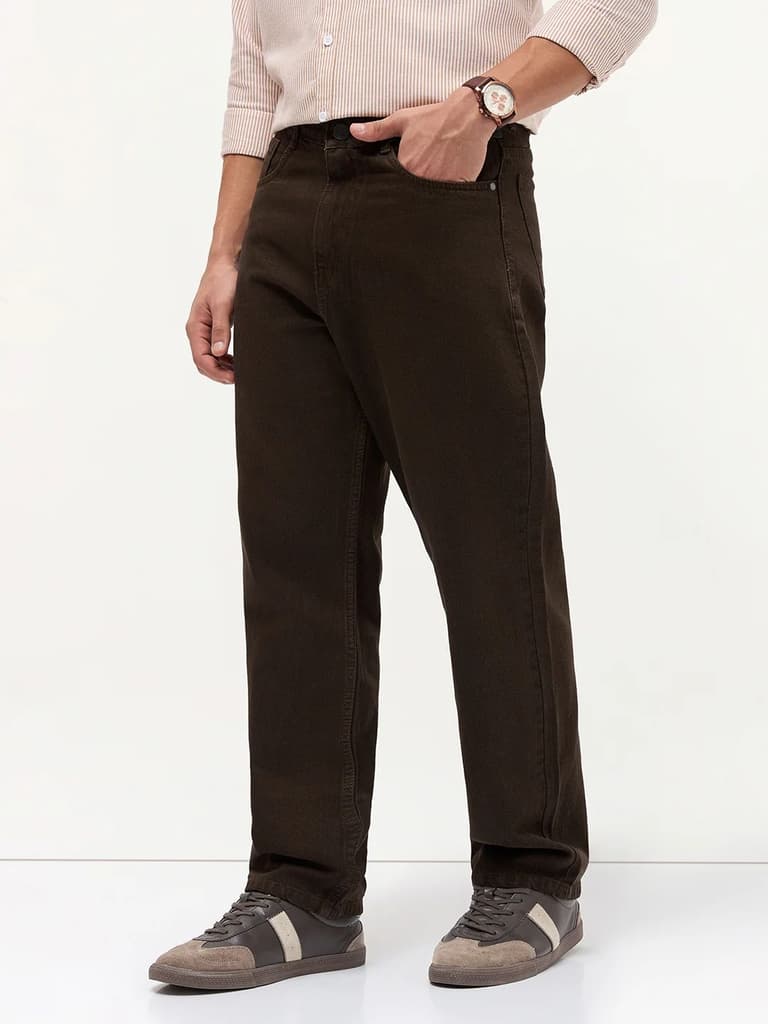 Men's Dark Brown Loose Baggy Fit Washed Denim Jeans Non-Stretchable — photo 2