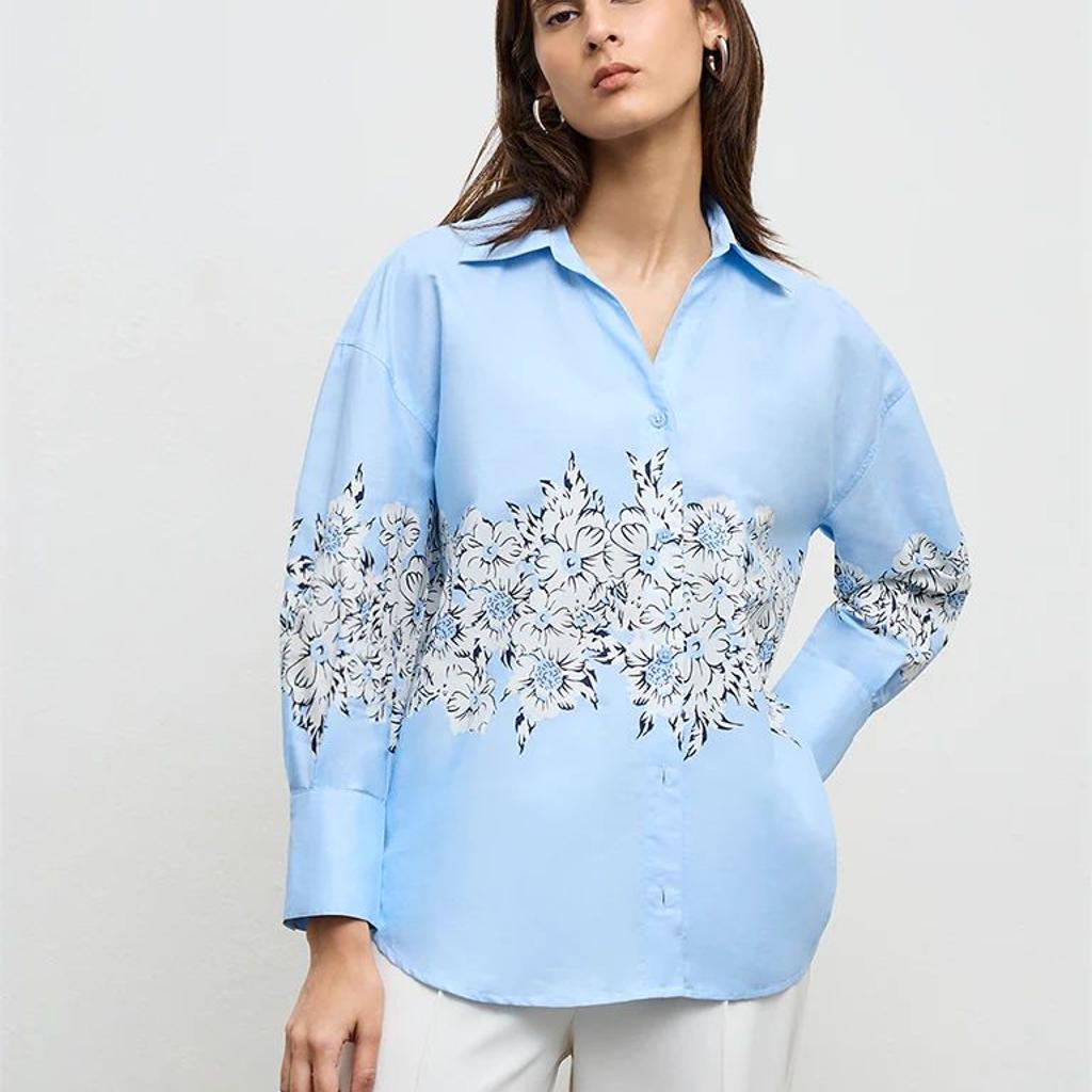 Wardrobe Light Blue Floral Printed Cotton Shirt