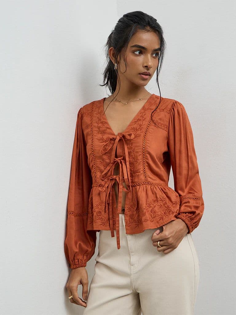 LOV Rust Floral Embroidered Top — photo 2