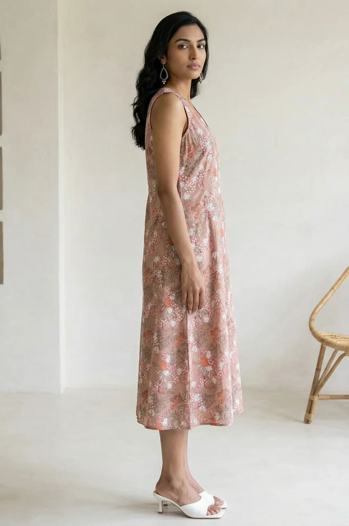 Peach Block Printed Pure Cotton A-line Dress — photo 6