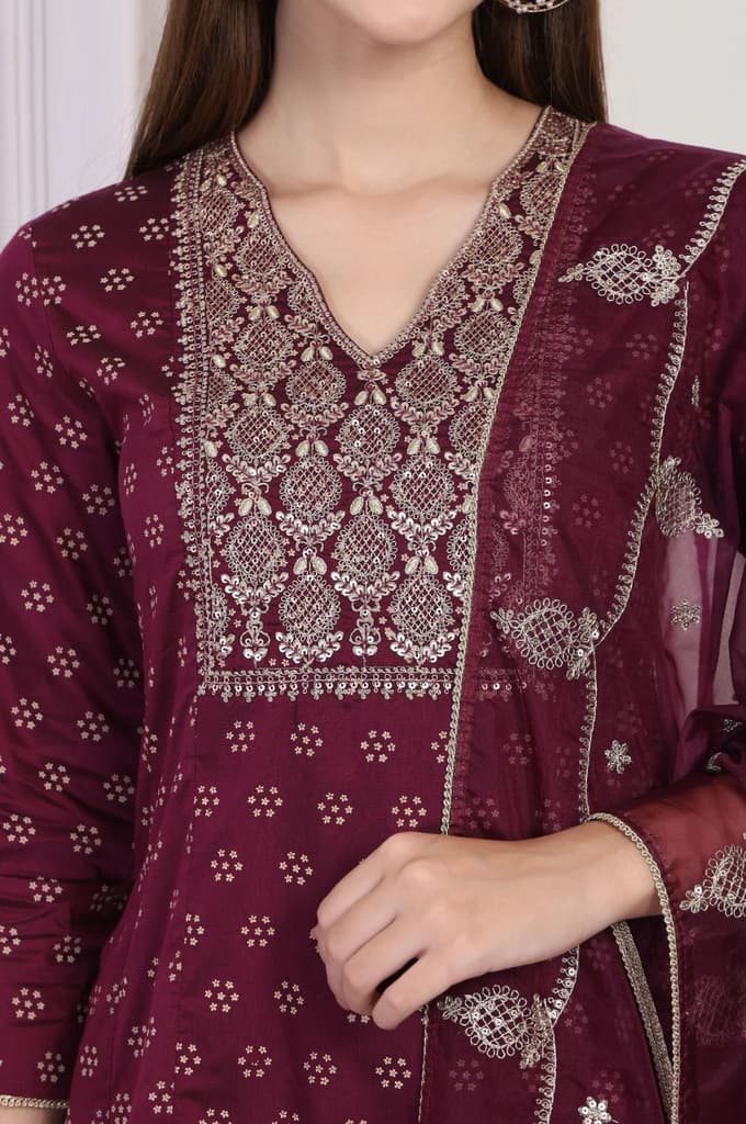 Maroon Embroidered A-Line Rayon Kurta with Sharara and Dupatta Set — photo 4