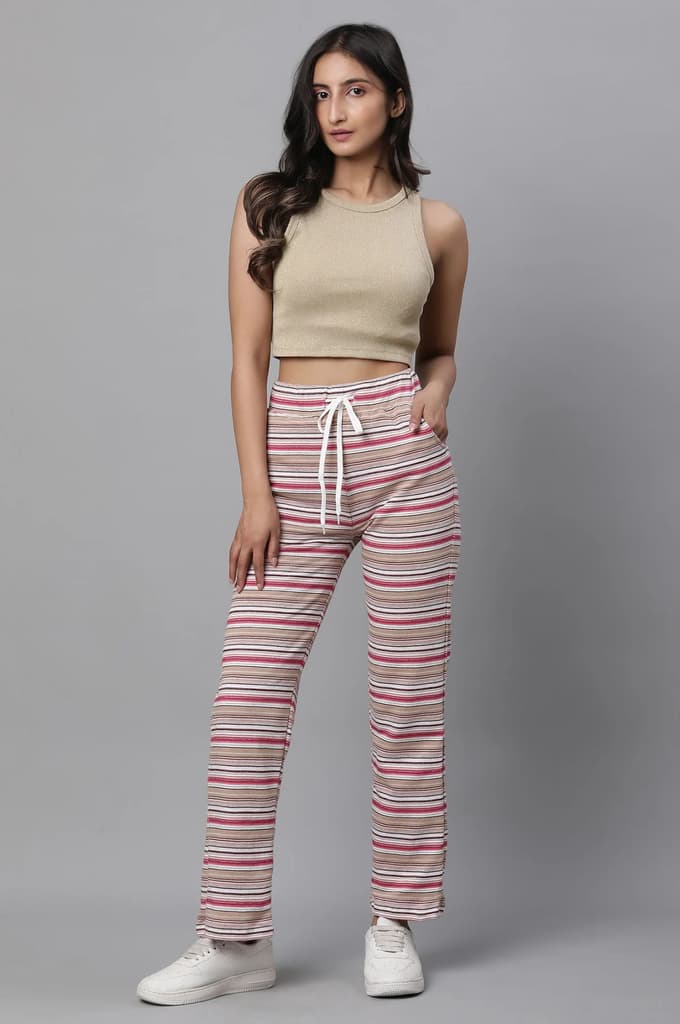 Pink Striped Printed Straight Fit Pants With Drawstring — photo 5