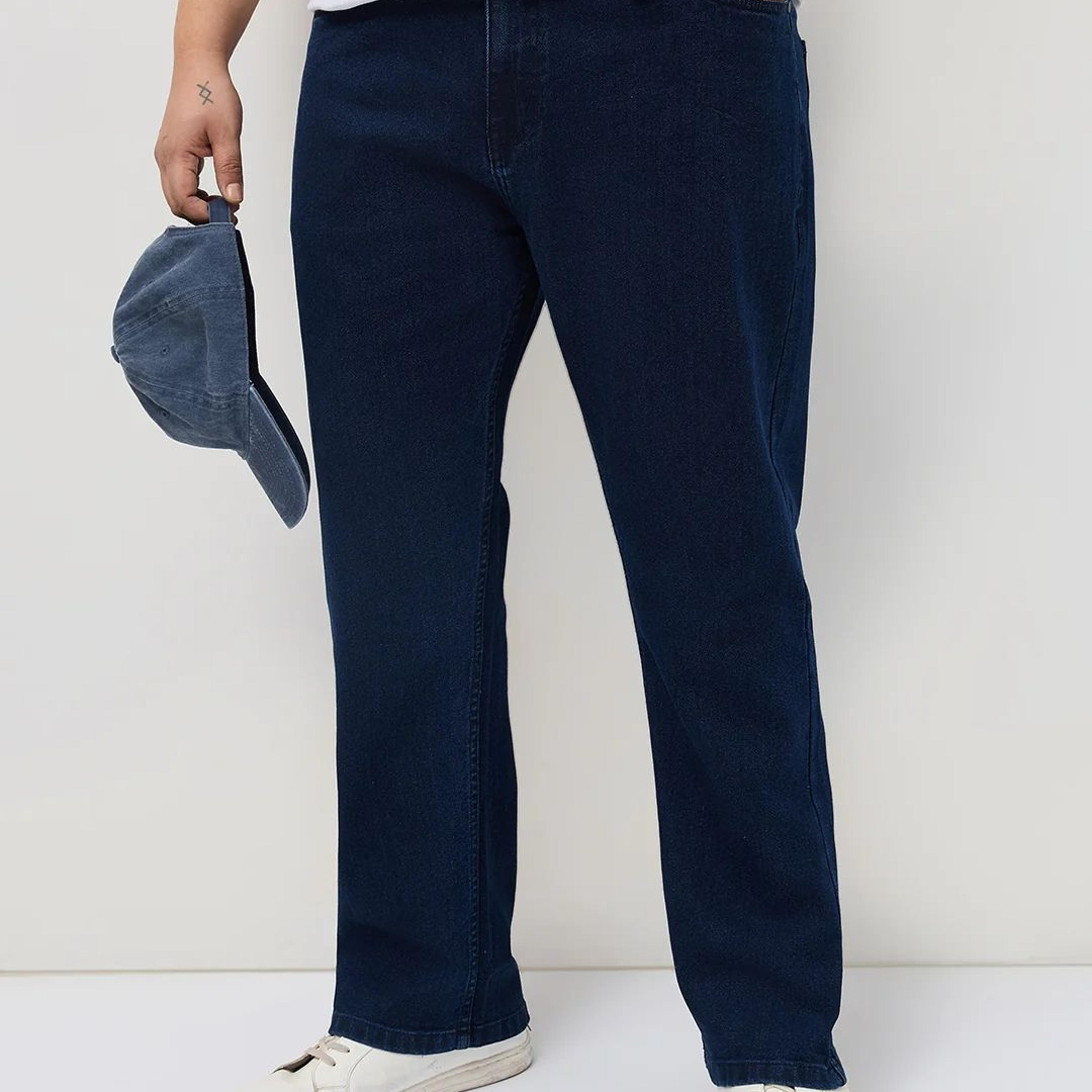 Plus Men's Blue Straight Fit Raw Washed Denim Jeans Stretchable