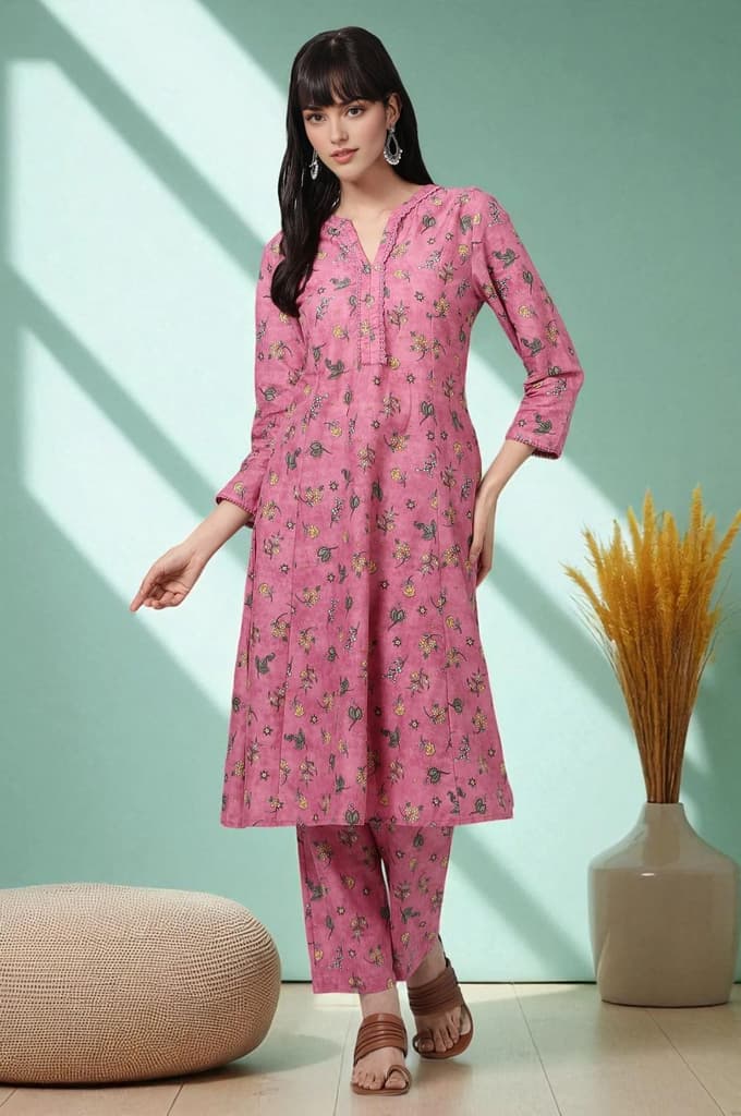 Pink Floral Printed Pure Cotton A-line Kurta and Pants Co-ord Set — XS