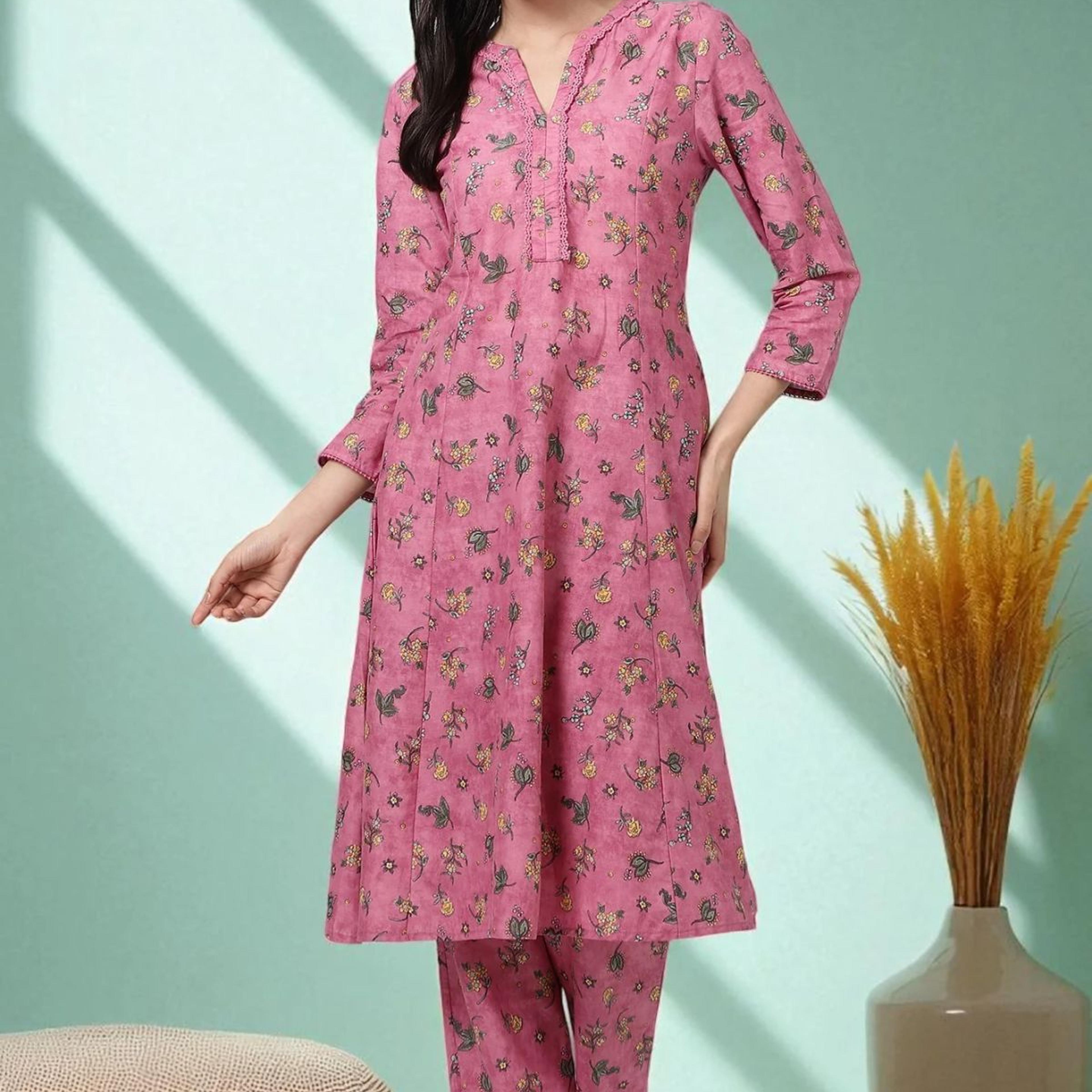 Pink Floral Printed Pure Cotton A-line Kurta and Pants Co-ord Set