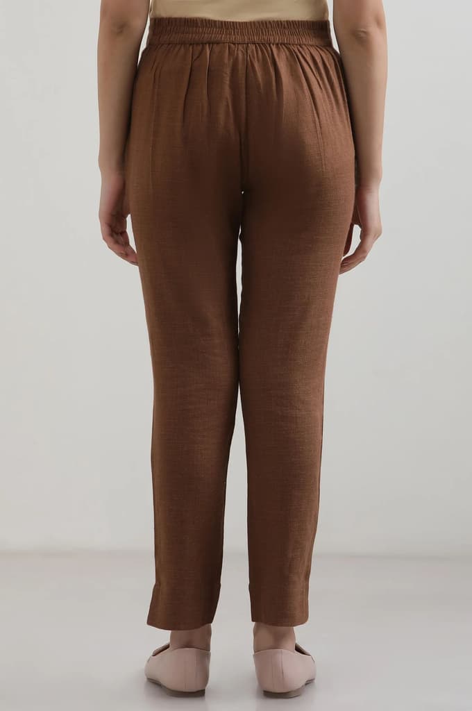 Brown Solid Straight Fit Cotton Pants — photo 3