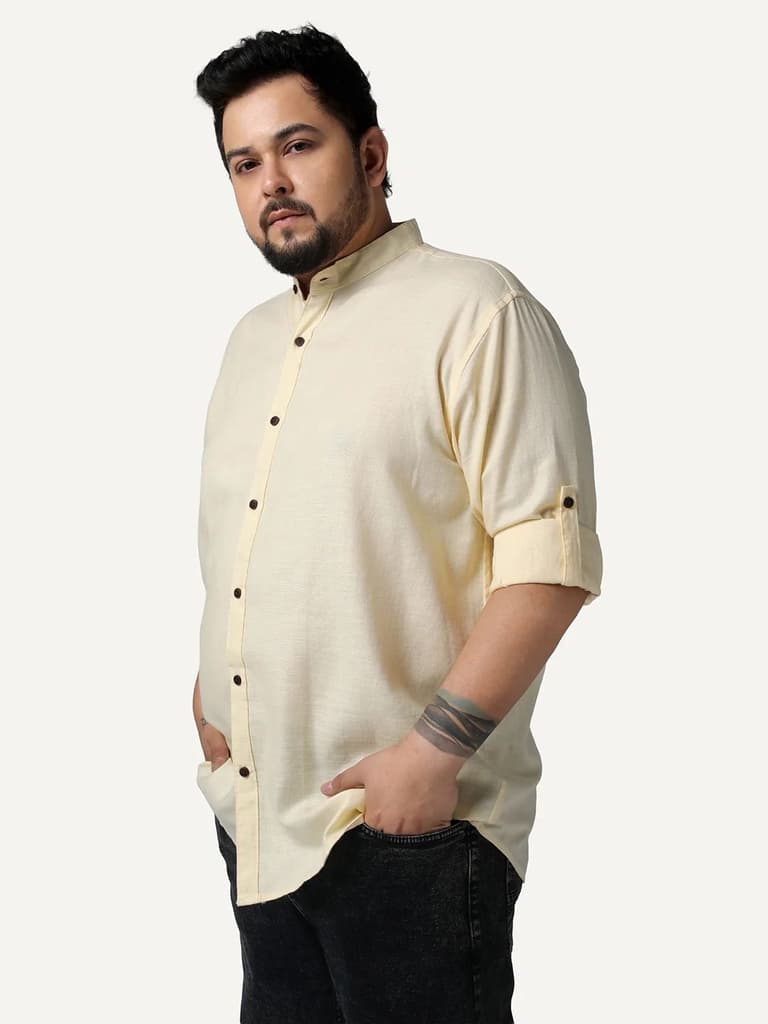 Plus Men's Tender Yellow Linen Blend Full Sleeve Relaxed Fit Mandarin Collar Casual Solid Shirt — photo 2