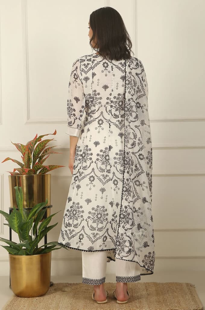 White and Black Floral Printed Kota Flared Kurta, Pants and Dupatta Set — photo 5