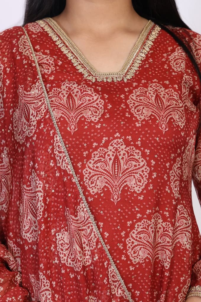Red Ethnic Motifs Printed Embellished Anarkali Organza Kurta with Straight Pant and Dupatta Set — photo 3