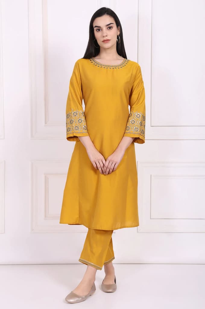 Yellow Embroidered A-Line Rayon Kurta with Straight Pant — photo 2