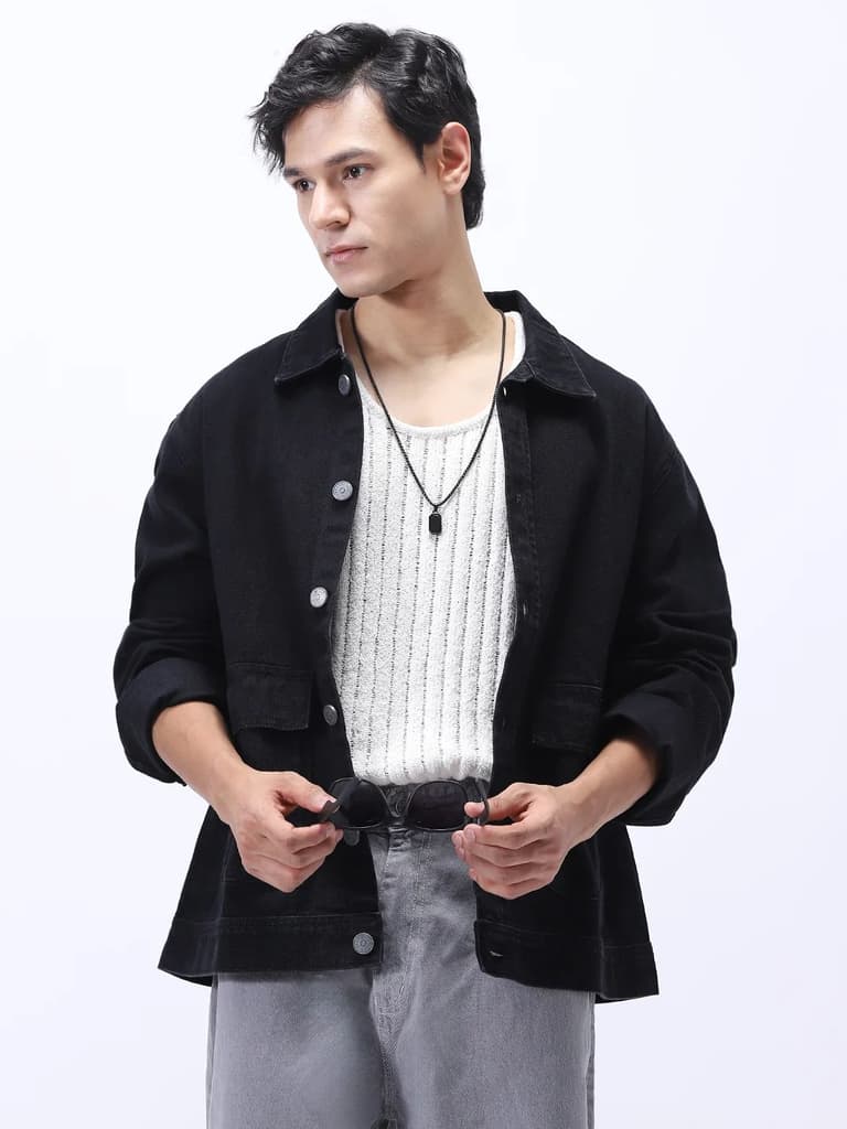 Men's Black Relaxed Fit Full Sleeve Utility Denim Jacket — photo 2