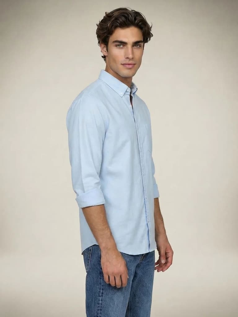 Men's Light Blue Cotton Full Sleeve Regular Fit Solid Oxford Shirt With Button-Down Collar — photo 2