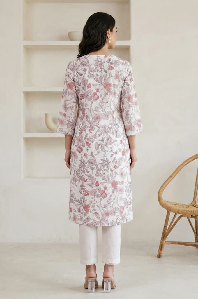 Off White FloralPrinted Rayon Straight Kurta with Lace — photo 5