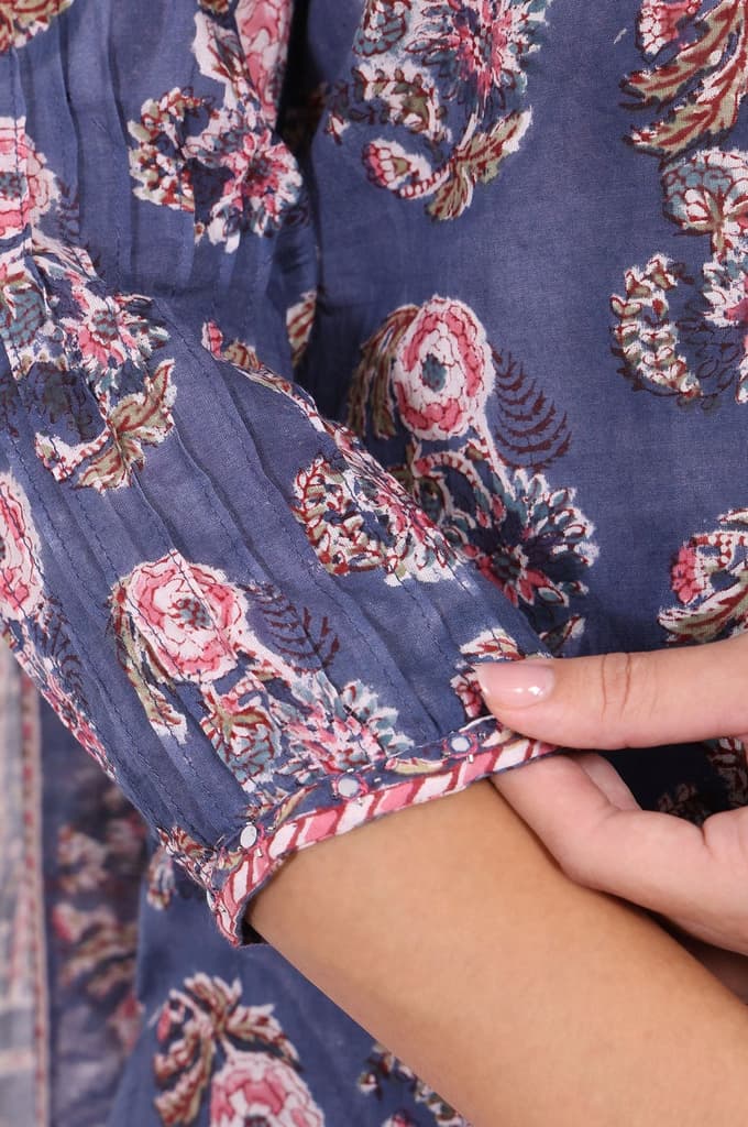 Blue Floral Printed Pure Cotton Straight Kurta, Pants and Dupatta Set — photo 7