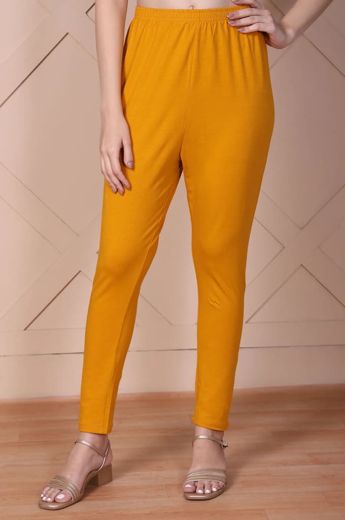 Mustard Solid High-Waisted Cotton Tights