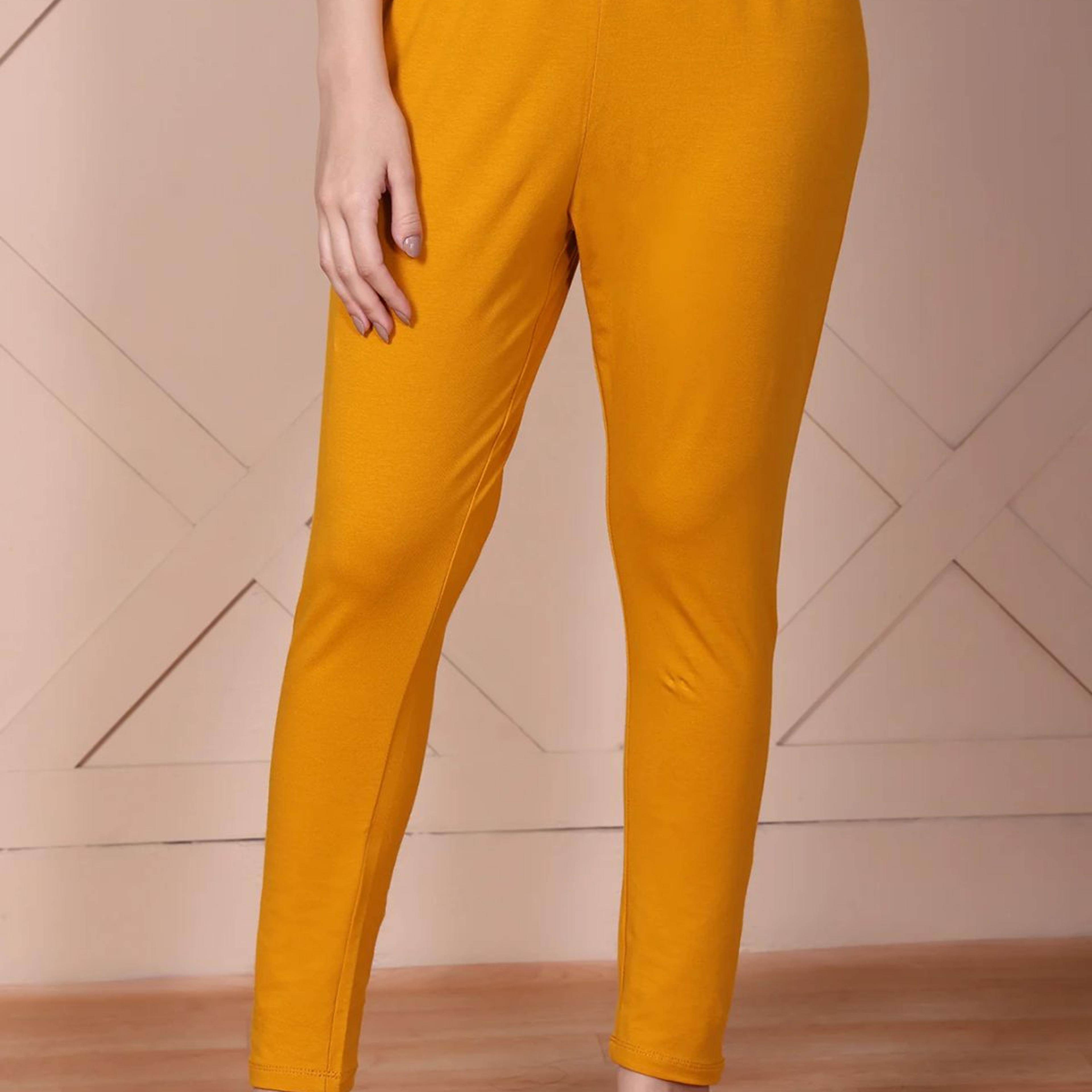 Mustard Solid High-Waisted Cotton Tights