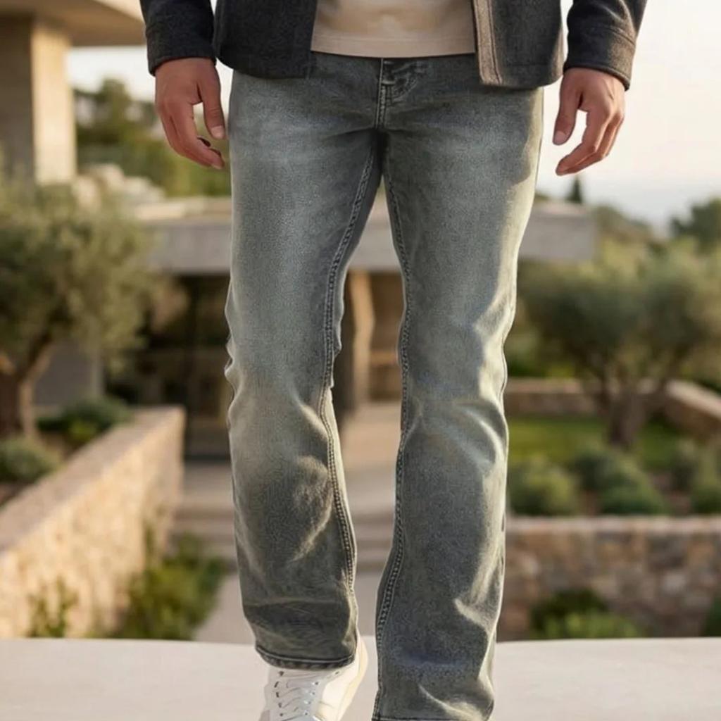 Men's Grey Bootcut Fit Mid Rise Tinted Heavy Washed Jeans Stretchable