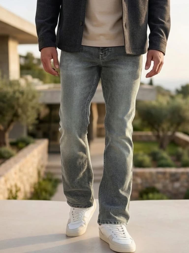 Men's Grey Bootcut Fit Mid Rise Tinted Heavy Washed Jeans Stretchable — 28 / Grey