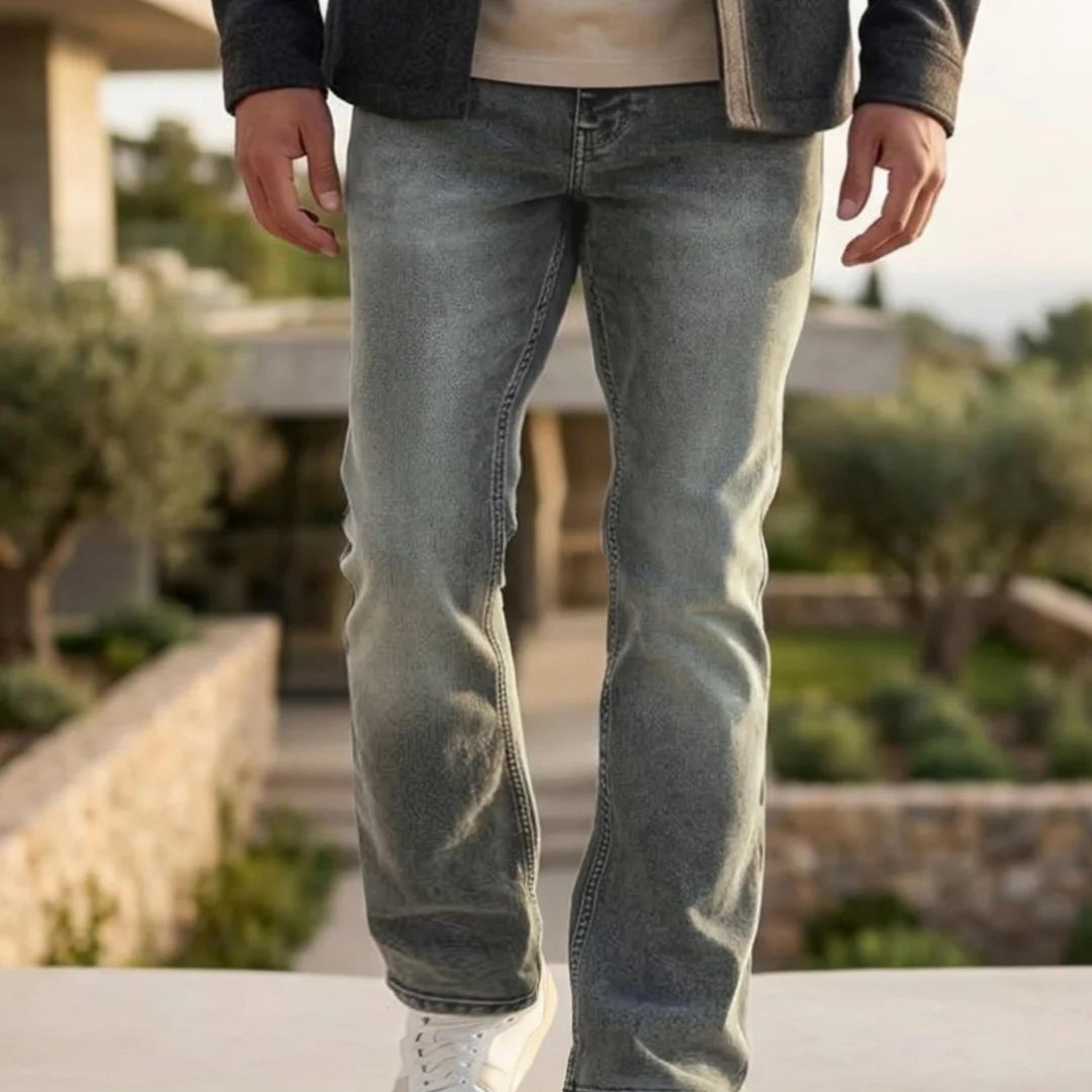 Men's Grey Bootcut Fit Mid Rise Tinted Heavy Washed Jeans Stretchable