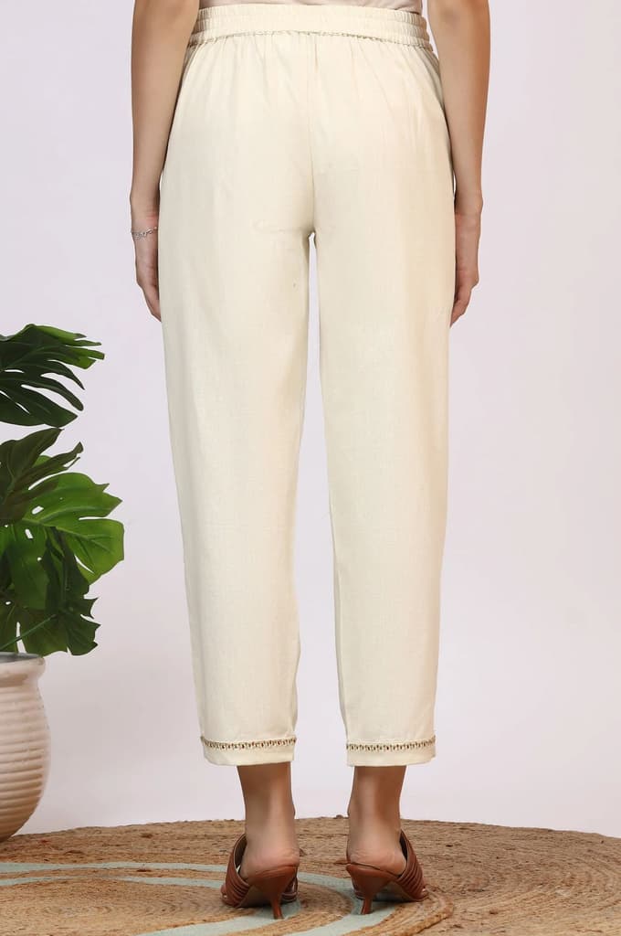 Off-White Solid Cotton Flax Straight Pants with Embroidered Hemline — photo 4